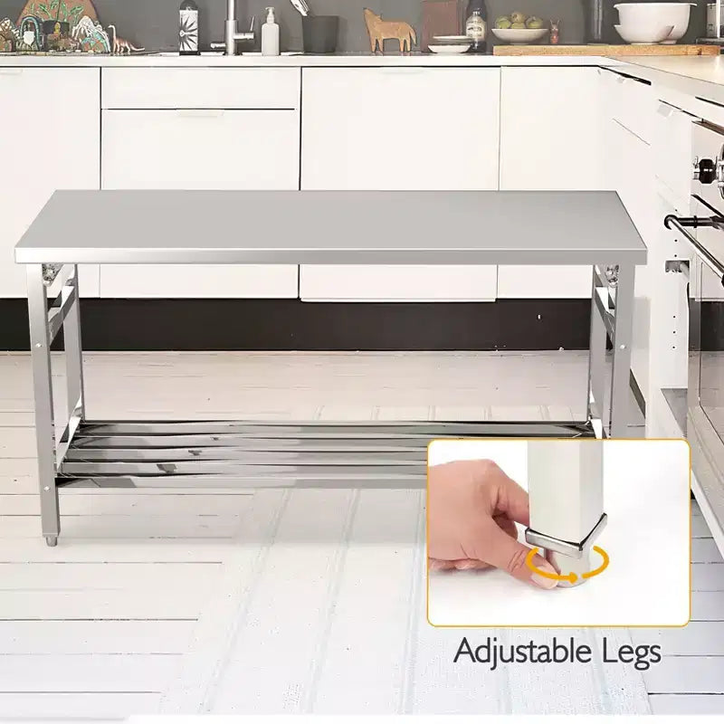 Heavy Duty Stainless Steel Foldable Work Table with Adjustable Undershelf, NSF Certified Prep Bench for Commercial Kitchen, Bakery, or Home Use