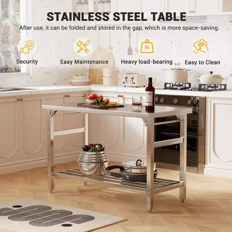 Heavy Duty Stainless Steel Foldable Work Table with Adjustable Undershelf, NSF Certified Prep Bench for Commercial Kitchen, Bakery, or Home Use