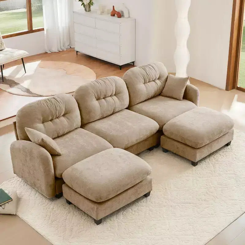 3-Seater Beige Modular Chenille Fabric Sectional U Shaped Couch With 2 Ottomans and 2 Throw Pillows for Living room