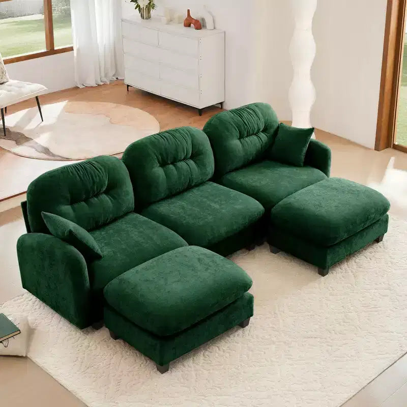 3-Seater Beige Modular Chenille Fabric Sectional U Shaped Couch With 2 Ottomans and 2 Throw Pillows for Living room