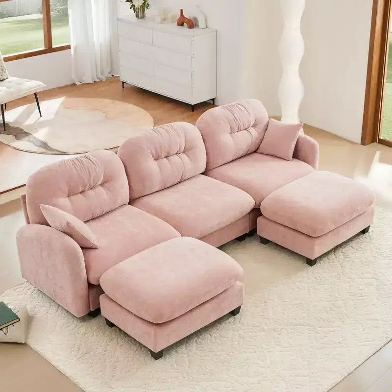 3-Seater Beige Modular Chenille Fabric Sectional U Shaped Couch With 2 Ottomans and 2 Throw Pillows for Living room