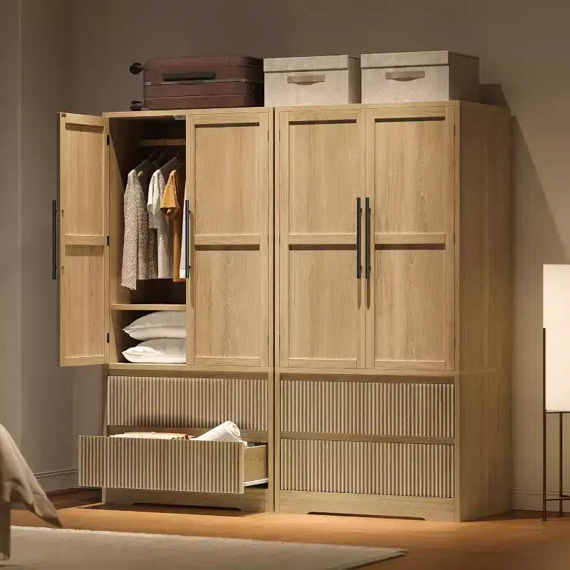 Bedroom Wooden Large Armoire Wardrobe Closet, with Glass Doors and 2 Drawers, Shelves & Hanging Rod for Bedroom, Cloak Room