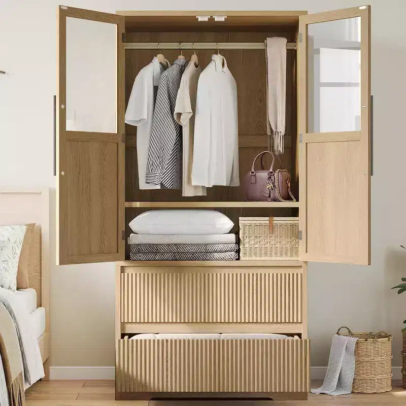 Bedroom Wooden Large Armoire Wardrobe Closet, with Glass Doors and 2 Drawers, Shelves & Hanging Rod for Bedroom, Cloak Room