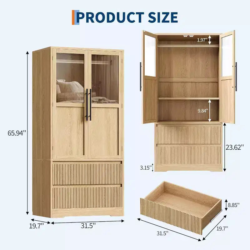 Bedroom Wooden Large Armoire Wardrobe Closet, with Glass Doors and 2 Drawers, Shelves & Hanging Rod for Bedroom, Cloak Room