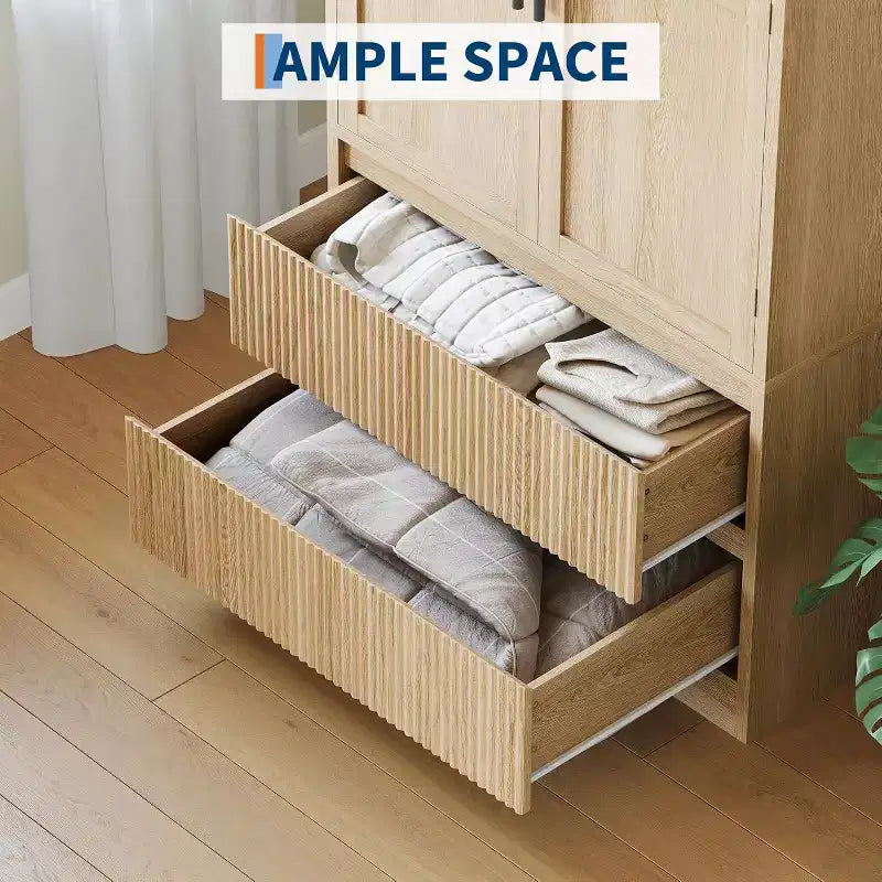Bedroom Wooden Large Armoire Wardrobe Closet, with Glass Doors and 2 Drawers, Shelves & Hanging Rod for Bedroom, Cloak Room