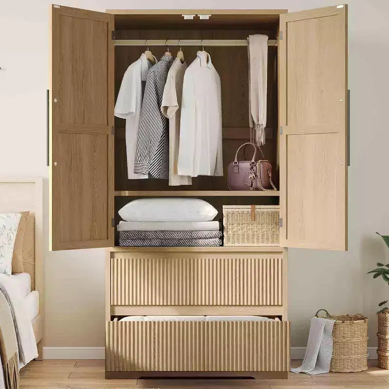 Bedroom Wooden Large Armoire Wardrobe Closet, with Glass Doors and 2 Drawers, Shelves & Hanging Rod for Bedroom, Cloak Room