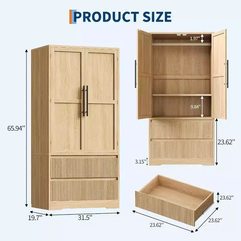 Bedroom Wooden Large Armoire Wardrobe Closet, with Glass Doors and 2 Drawers, Shelves & Hanging Rod for Bedroom, Cloak Room