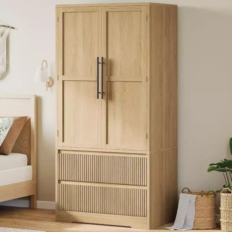 Bedroom Wooden Large Armoire Wardrobe Closet, with Glass Doors and 2 Drawers, Shelves & Hanging Rod for Bedroom, Cloak Room