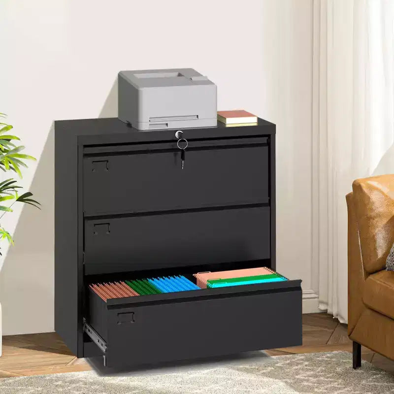 TROPOW 3-Drawer Lateral File Cabinet - Black Metal Storage with Lock for Letter/Legal/A4 Documents (Home/Office Use)