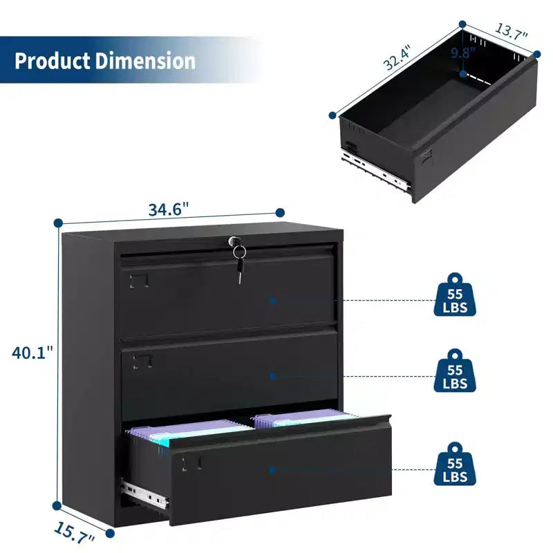 TROPOW 3-Drawer Lateral File Cabinet - Black Metal Storage with Lock for Letter/Legal/A4 Documents (Home/Office Use)