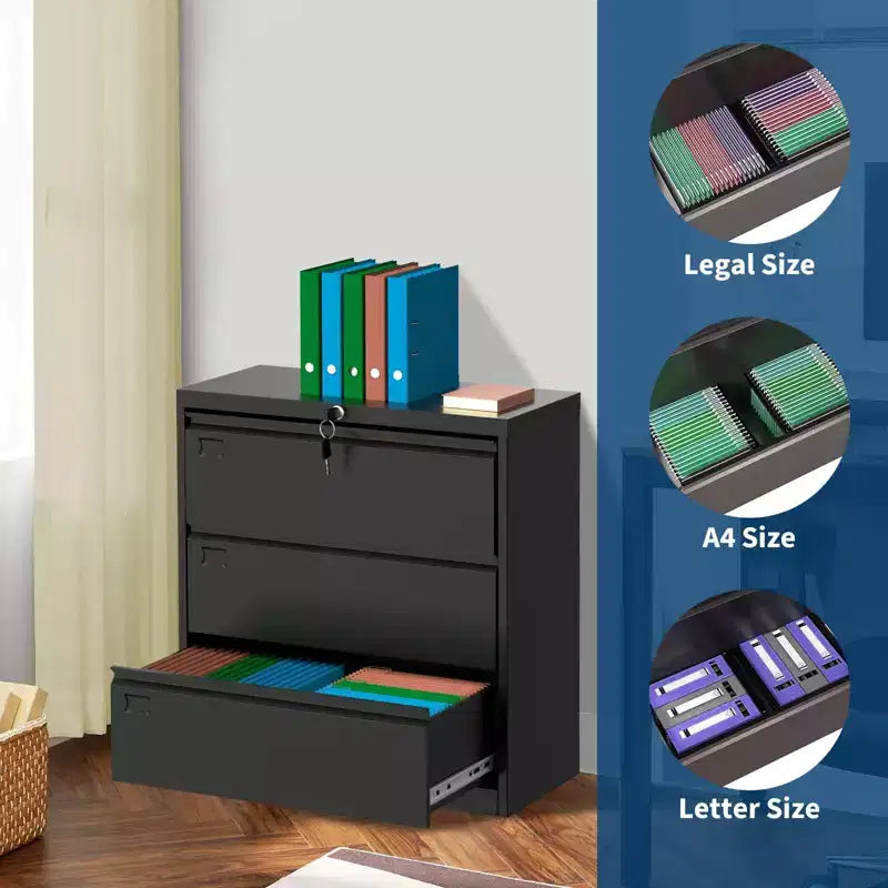 TROPOW 3-Drawer Lateral File Cabinet - Black Metal Storage with Lock for Letter/Legal/A4 Documents (Home/Office Use)