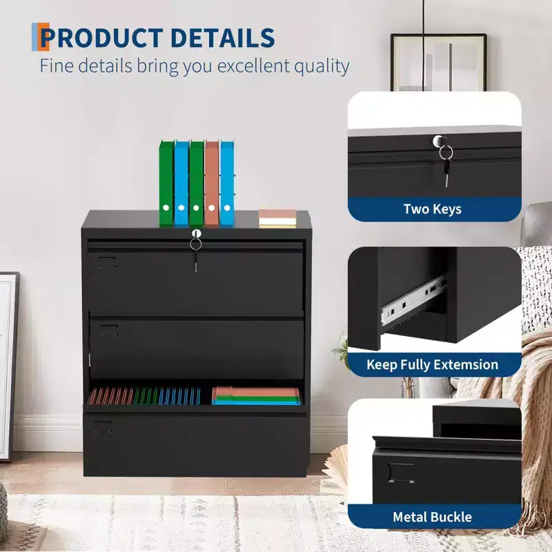 TROPOW 3-Drawer Lateral File Cabinet - Black Metal Storage with Lock for Letter/Legal/A4 Documents (Home/Office Use)