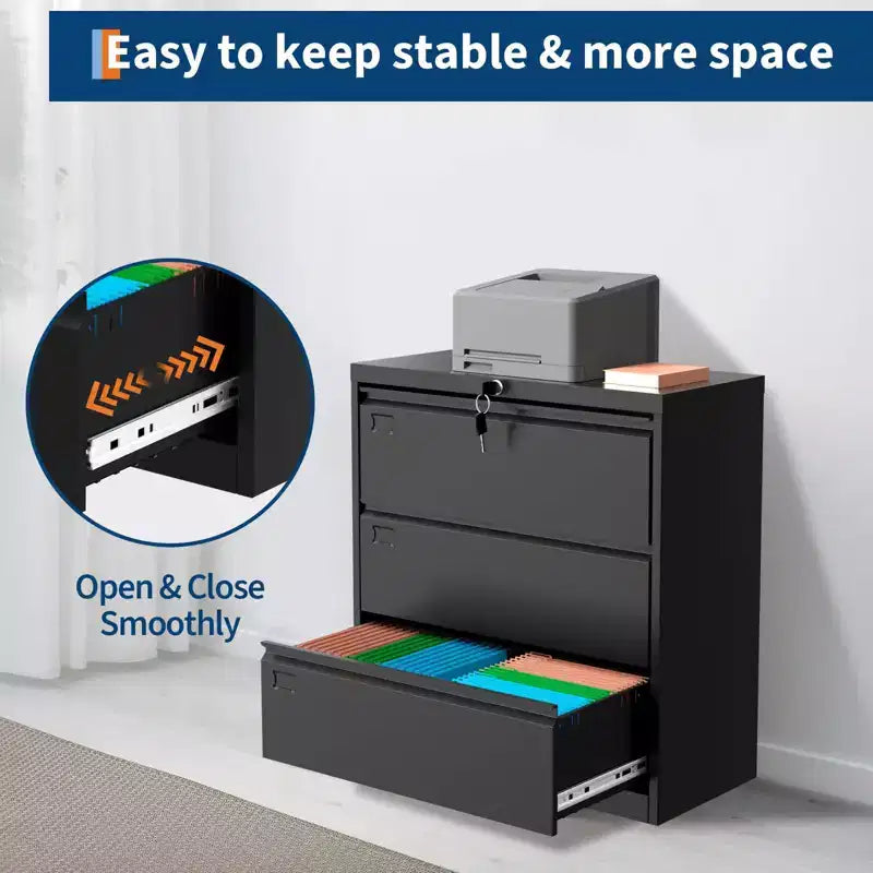 TROPOW 3-Drawer Lateral File Cabinet - Black Metal Storage with Lock for Letter/Legal/A4 Documents (Home/Office Use)