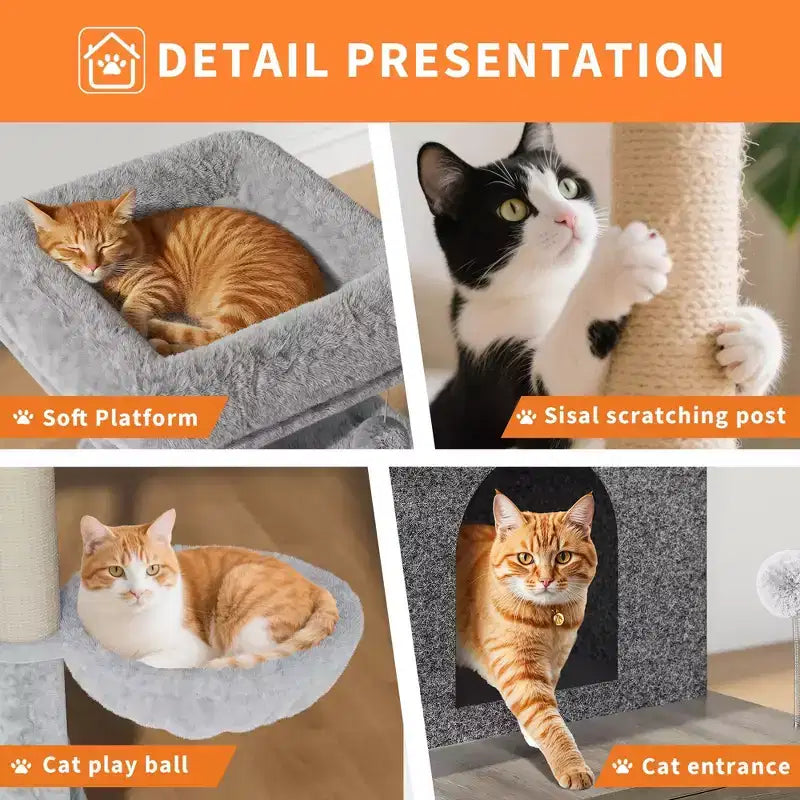 Cat Tree, Litter Box Enclosure - 2-in-1 Hidden Pet Washroom Furniture with Sisal Scratching Posts, Hammocks, Condo, Multi Platforms for Cats