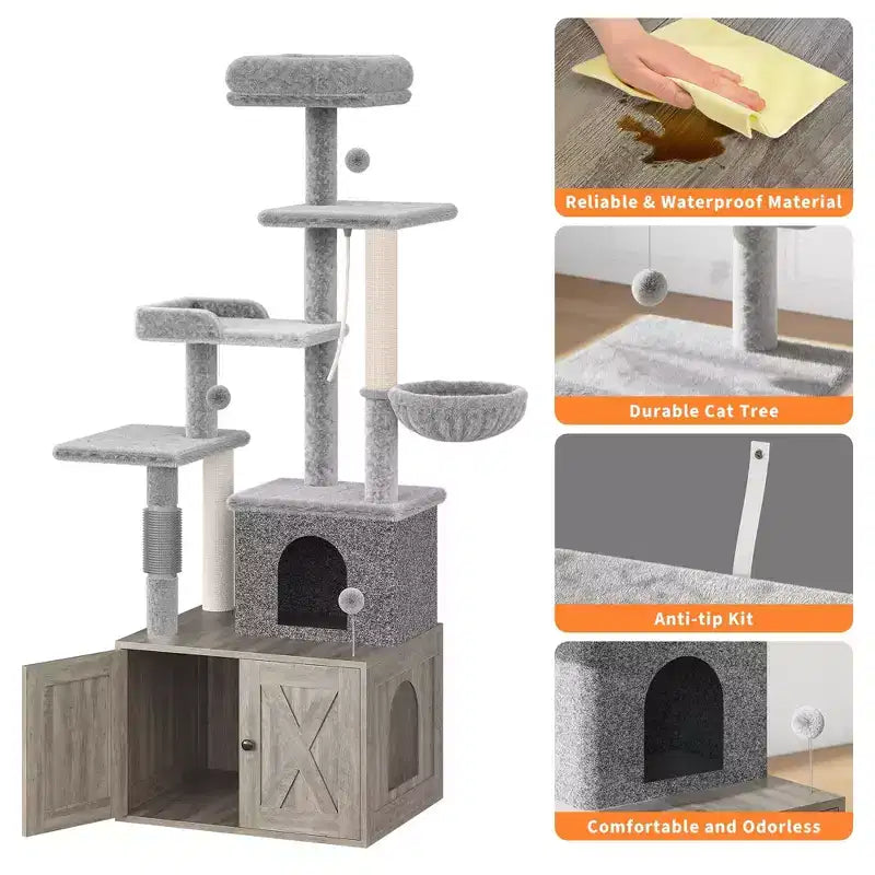 Cat Tree, Litter Box Enclosure - 2-in-1 Hidden Pet Washroom Furniture with Sisal Scratching Posts, Hammocks, Condo, Multi Platforms for Cats
