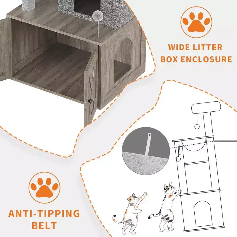 Cat Tree, Litter Box Enclosure - 2-in-1 Hidden Pet Washroom Furniture with Sisal Scratching Posts, Hammocks, Condo, Multi Platforms for Cats
