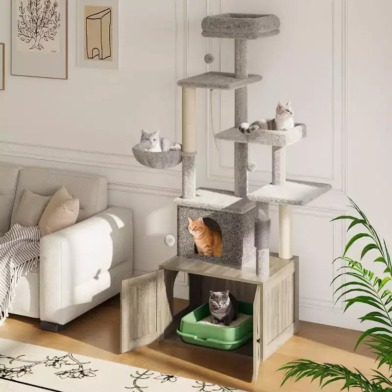 Cat Tree, Litter Box Enclosure - 2-in-1 Hidden Pet Washroom Furniture with Sisal Scratching Posts, Hammocks, Condo, Multi Platforms for Cats