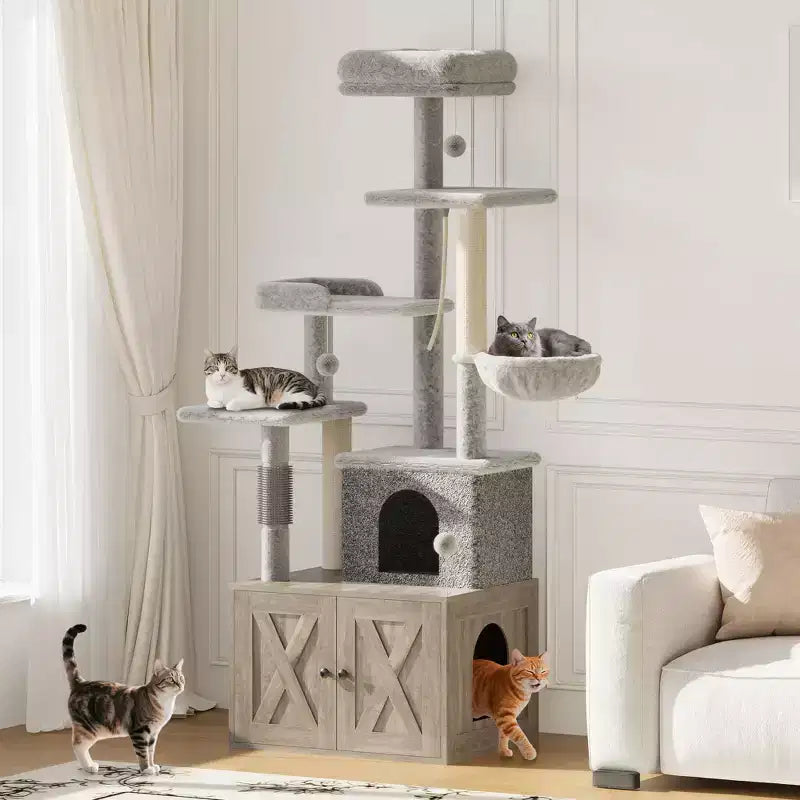 Cat Tree, Litter Box Enclosure - 2-in-1 Hidden Pet Washroom Furniture with Sisal Scratching Posts, Hammocks, Condo, Multi Platforms for Cats