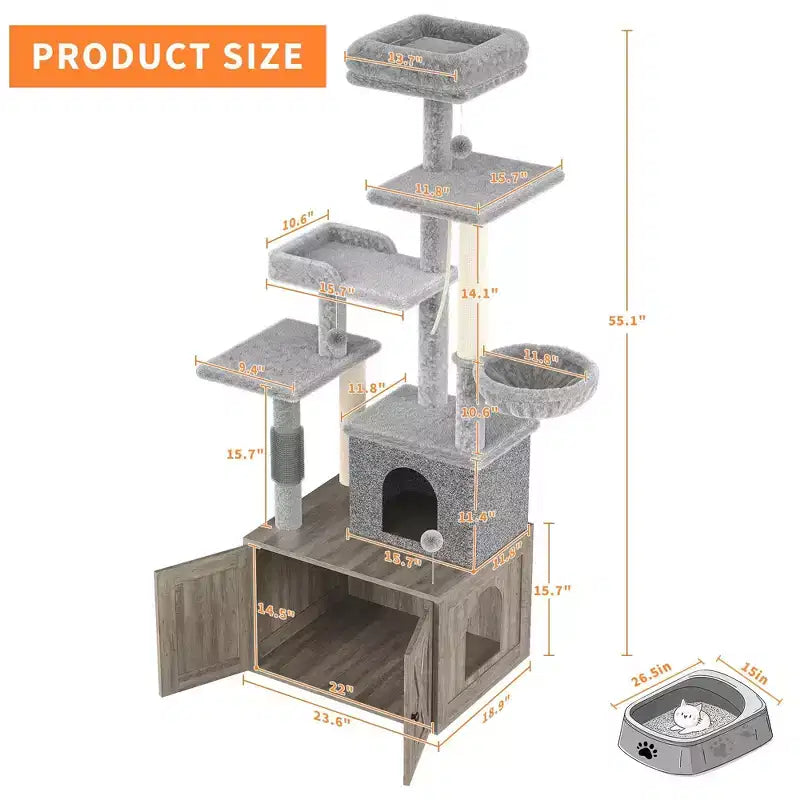 Cat Tree, Litter Box Enclosure - 2-in-1 Hidden Pet Washroom Furniture with Sisal Scratching Posts, Hammocks, Condo, Multi Platforms for Cats