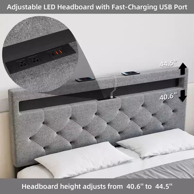 COZONY Full/Queen Upholstered Bed Frame with Adjustable Headboard & Charging Station, No Box Spring