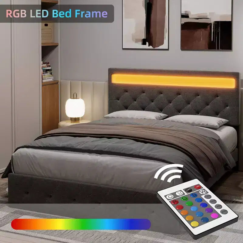 COZONY Full/Queen Upholstered Bed Frame with Adjustable Headboard & Charging Station, No Box Spring