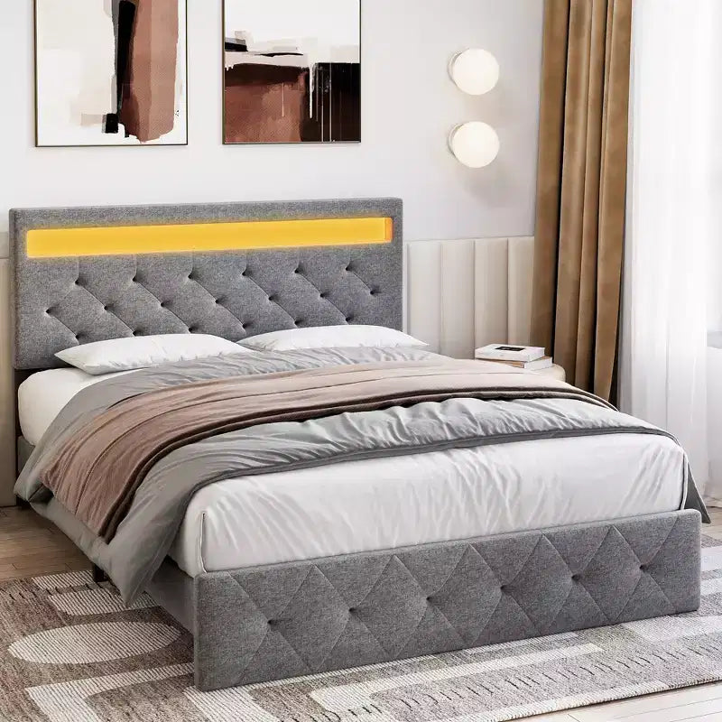 COZONY Full/Queen Upholstered Bed Frame with Adjustable Headboard & Charging Station, No Box Spring