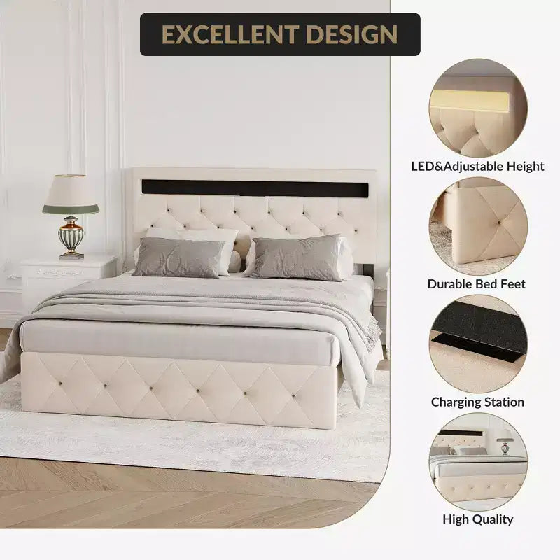 COZONY Full/Queen Upholstered Bed Frame with Adjustable Headboard & Charging Station, No Box Spring