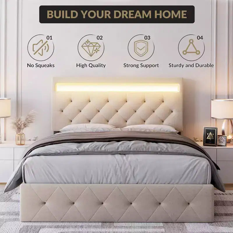 COZONY Full/Queen Upholstered Bed Frame with Adjustable Headboard & Charging Station, No Box Spring
