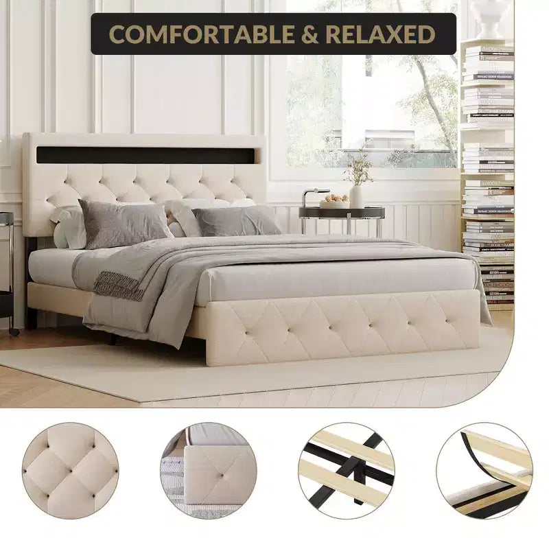 COZONY Full/Queen Upholstered Bed Frame with Adjustable Headboard & Charging Station, No Box Spring