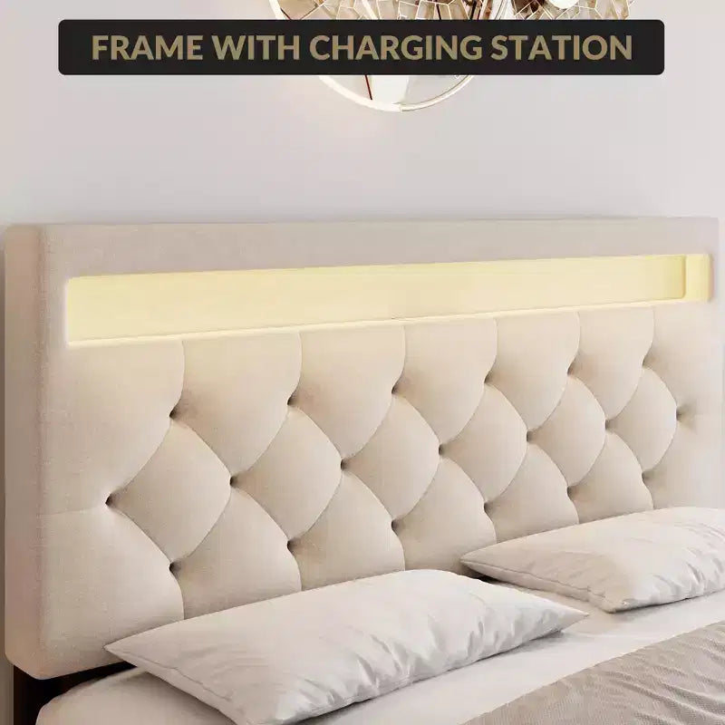 COZONY Full/Queen Upholstered Bed Frame with Adjustable Headboard & Charging Station, No Box Spring