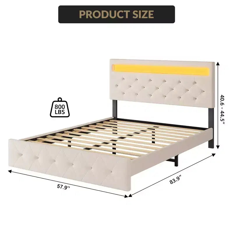 COZONY Full/Queen Upholstered Bed Frame with Adjustable Headboard & Charging Station, No Box Spring