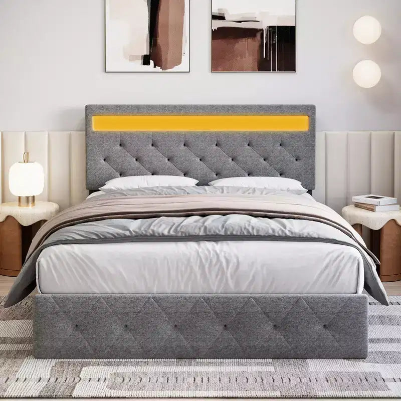 COZONY Full/Queen Upholstered Bed Frame with Adjustable Headboard & Charging Station, No Box Spring