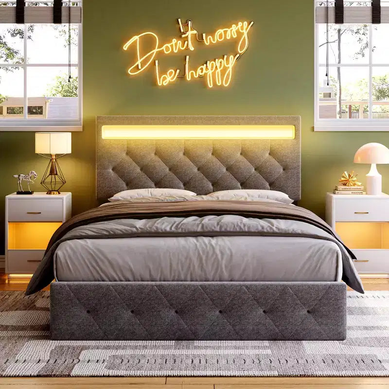 COZONY Full/Queen Upholstered Bed Frame with Adjustable Headboard & Charging Station, No Box Spring