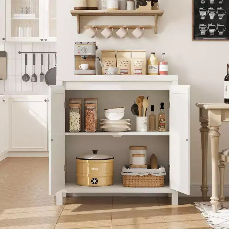 GustoWave Rattan Storage Cabinet with PVC Woven Doors, Wooden Sideboard Buffet with Adjustable Shelf, Wood Coffee Bar Cabinet