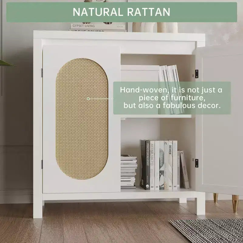 GustoWave Rattan Storage Cabinet with PVC Woven Doors, Wooden Sideboard Buffet with Adjustable Shelf, Wood Coffee Bar Cabinet