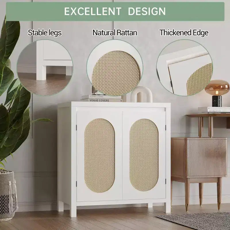 GustoWave Rattan Storage Cabinet with PVC Woven Doors, Wooden Sideboard Buffet with Adjustable Shelf, Wood Coffee Bar Cabinet