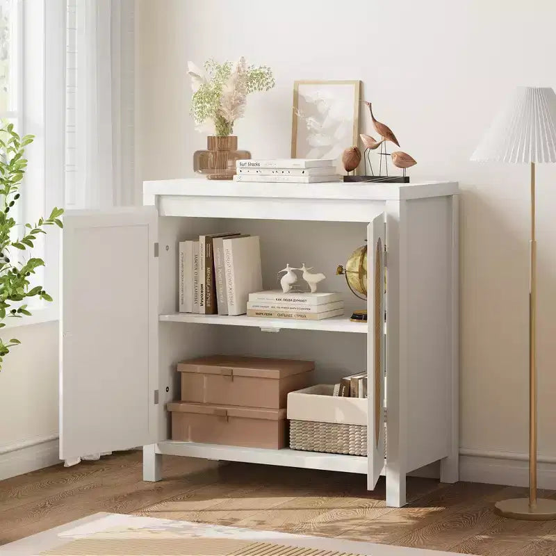 GustoWave Rattan Storage Cabinet with PVC Woven Doors, Wooden Sideboard Buffet with Adjustable Shelf, Wood Coffee Bar Cabinet