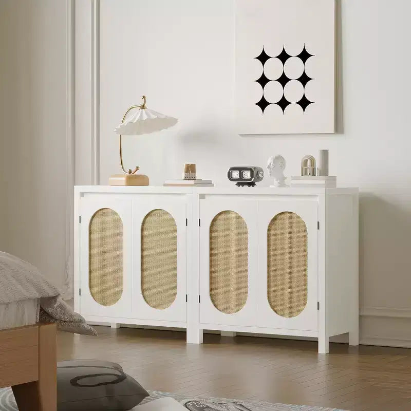 GustoWave Rattan Storage Cabinet with PVC Woven Doors, Wooden Sideboard Buffet with Adjustable Shelf, Wood Coffee Bar Cabinet