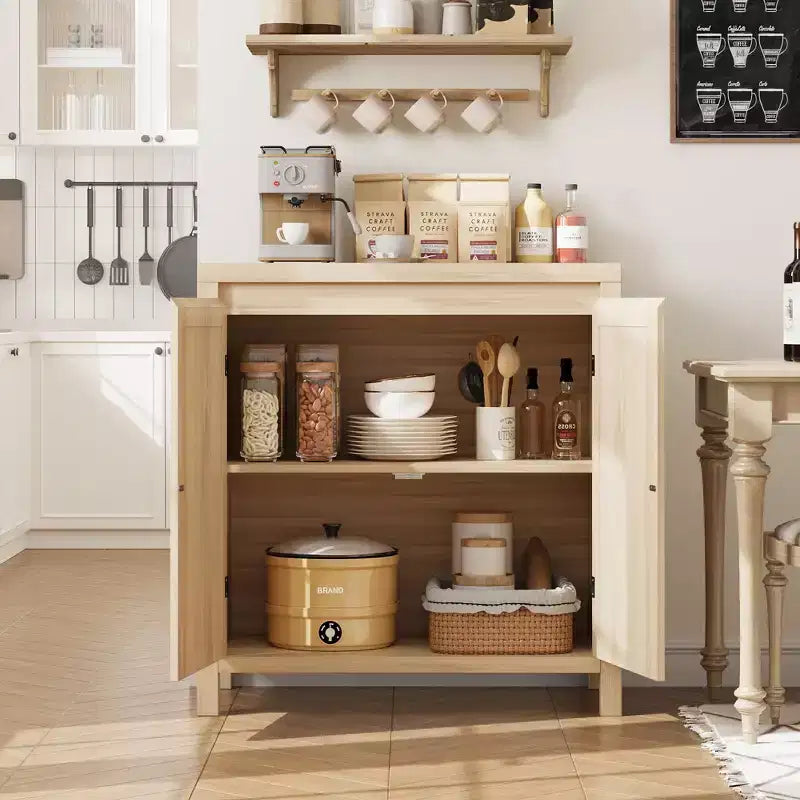 GustoWave Rattan Storage Cabinet with PVC Woven Doors, Wooden Sideboard Buffet with Adjustable Shelf, Wood Coffee Bar Cabinet