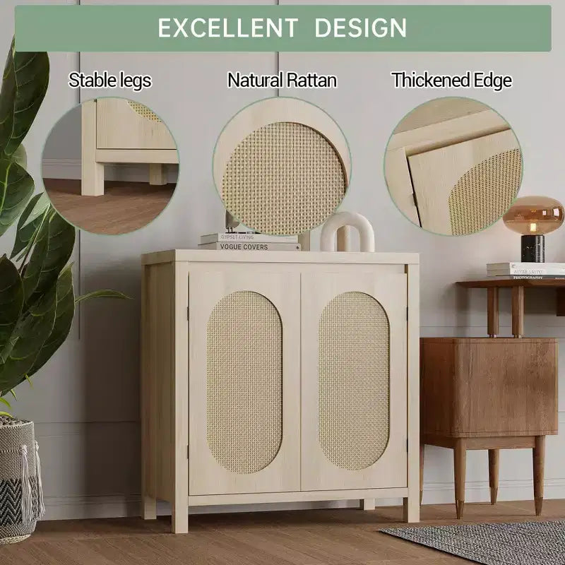GustoWave Rattan Storage Cabinet with PVC Woven Doors, Wooden Sideboard Buffet with Adjustable Shelf, Wood Coffee Bar Cabinet