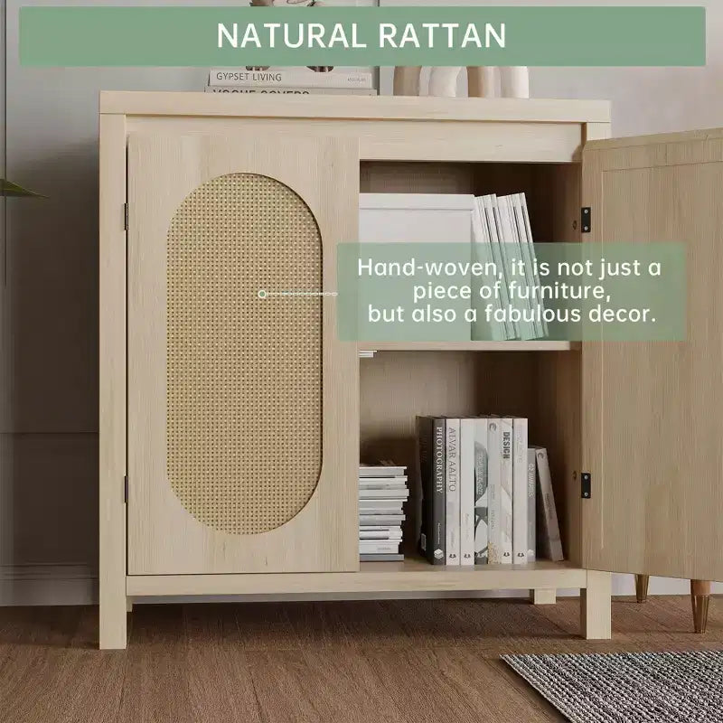 GustoWave Rattan Storage Cabinet with PVC Woven Doors, Wooden Sideboard Buffet with Adjustable Shelf, Wood Coffee Bar Cabinet
