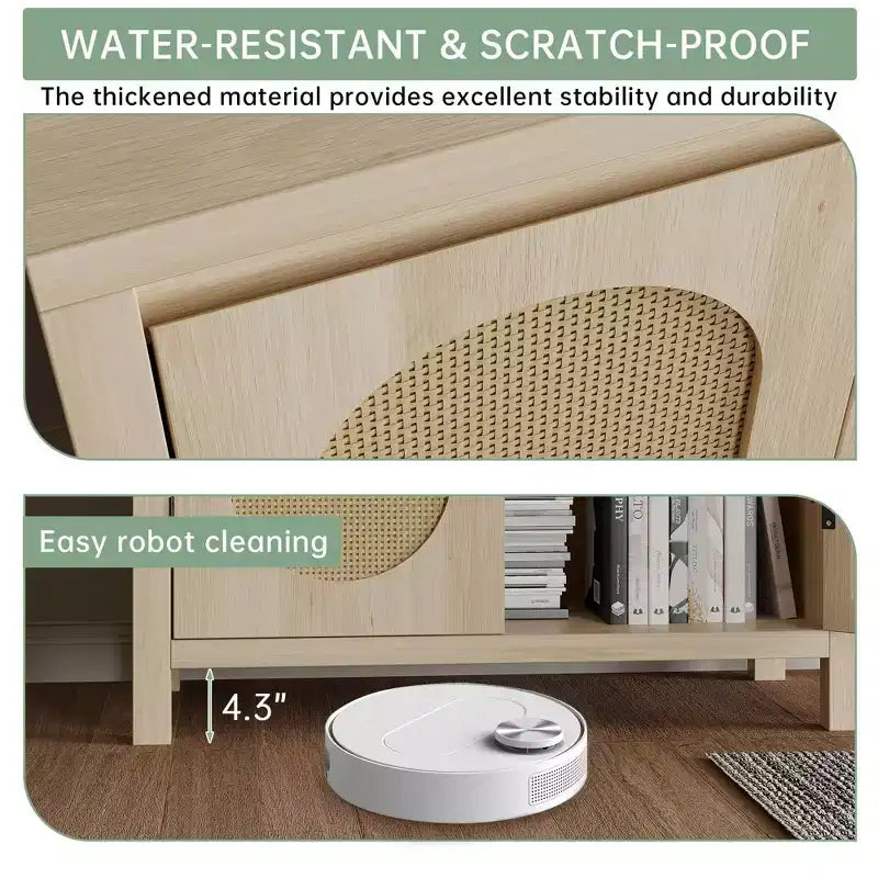 GustoWave Rattan Storage Cabinet with PVC Woven Doors, Wooden Sideboard Buffet with Adjustable Shelf, Wood Coffee Bar Cabinet