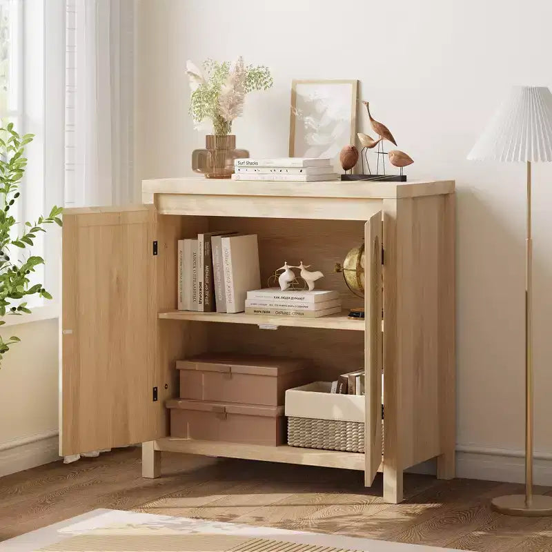 GustoWave Rattan Storage Cabinet with PVC Woven Doors, Wooden Sideboard Buffet with Adjustable Shelf, Wood Coffee Bar Cabinet