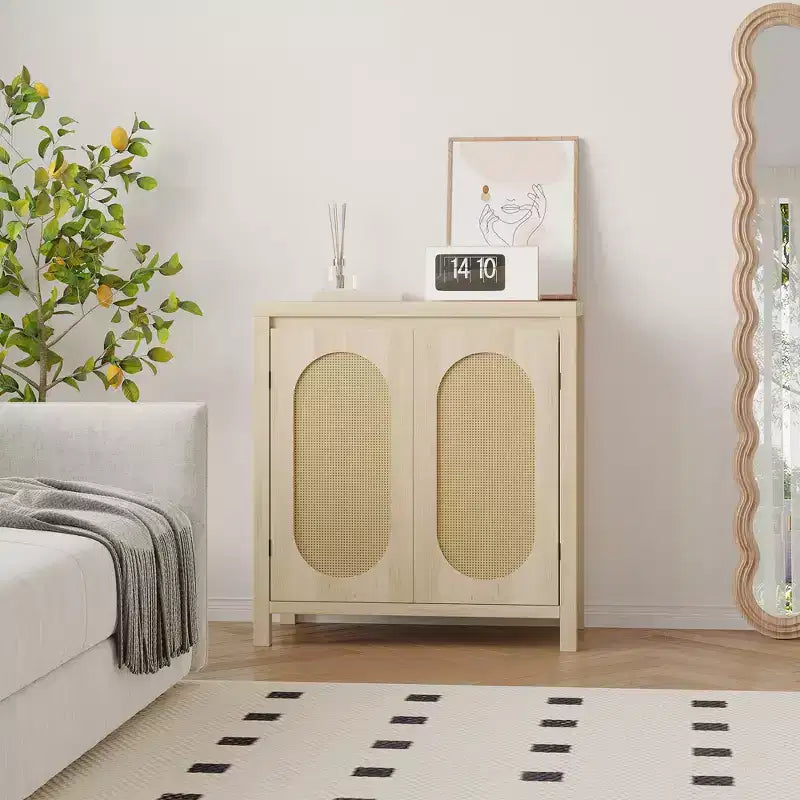 GustoWave Rattan Storage Cabinet with PVC Woven Doors, Wooden Sideboard Buffet with Adjustable Shelf, Wood Coffee Bar Cabinet
