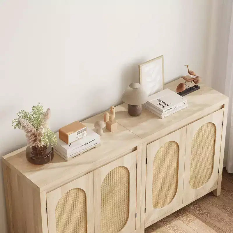 GustoWave Rattan Storage Cabinet with PVC Woven Doors, Wooden Sideboard Buffet with Adjustable Shelf, Wood Coffee Bar Cabinet