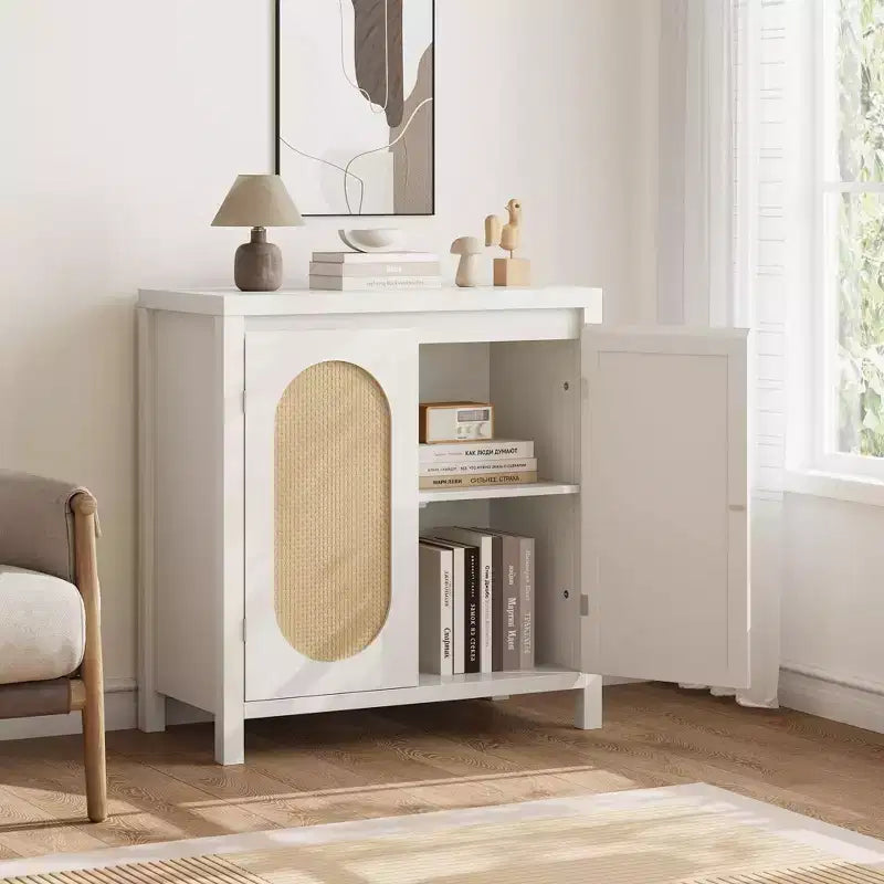 GustoWave Rattan Storage Cabinet with PVC Woven Doors, Wooden Sideboard Buffet with Adjustable Shelf, Wood Coffee Bar Cabinet