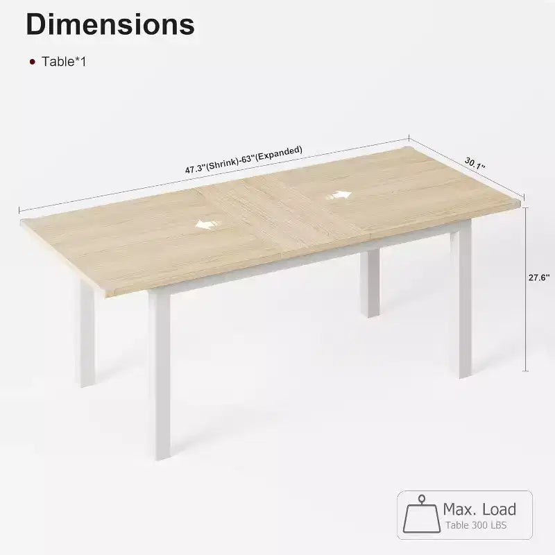 63 Large Extendable Dining Table Kitchen Table for 6-8, with Sturdy Metal Frame, Saving Space for Kitchen, Dining Room, Apartment
