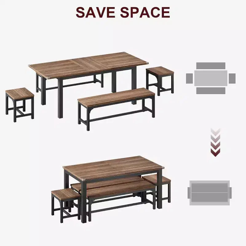 63 Large Extendable Dining Table Kitchen Table for 6-8, with Sturdy Metal Frame, Saving Space for Kitchen, Dining Room, Apartment