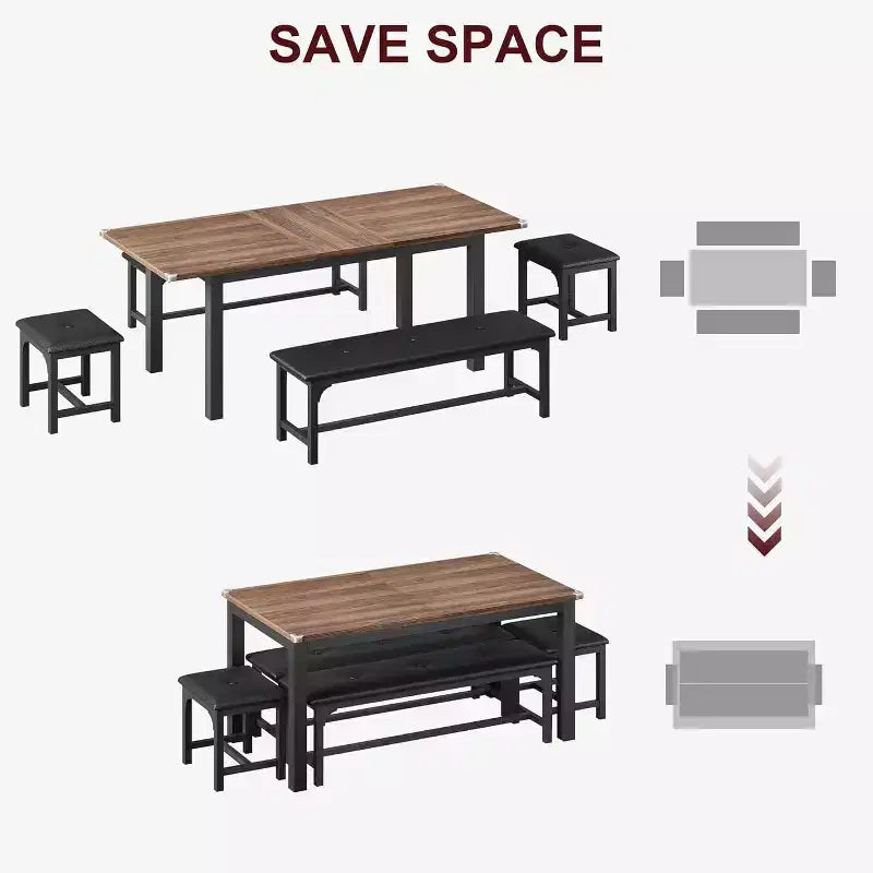 63 Large Extendable Dining Table Kitchen Table for 6-8, with Sturdy Metal Frame, Saving Space for Kitchen, Dining Room, Apartment