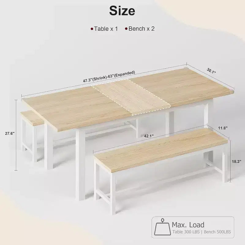 63 Large Extendable Dining Table Kitchen Table for 6-8, with Sturdy Metal Frame, Saving Space for Kitchen, Dining Room, Apartment
